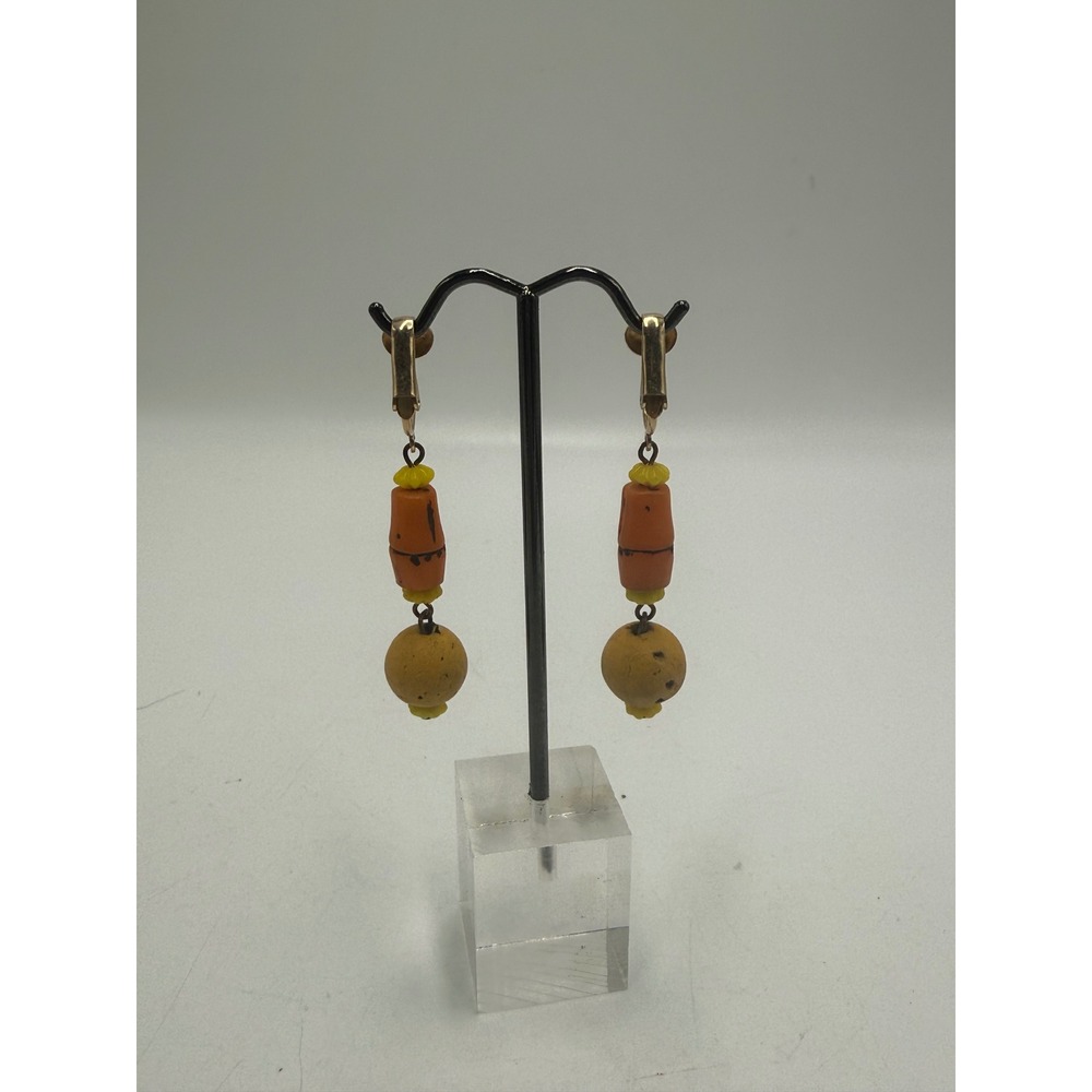 Vintage Clip On Dangle Earrings Orange Yellow Clay Ceramic Bead Boho Artisanal